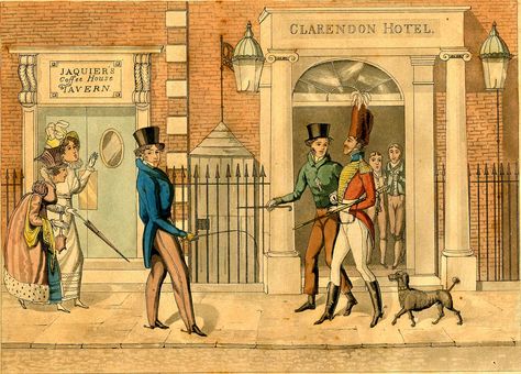 Ladies and gentlemen outside the fashionable Clarendon Hotel and Jaquiers Coffee House & Tavern. The ladies are in fashionable dress with bonnets and pellises and parisols, one gentleman has a white and wears pantaloons, one is in military garb with a dog at his heels and another wears trousers. Two of the staff look out of the doors.