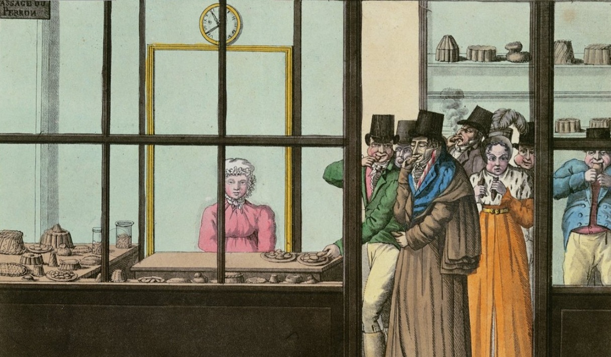 Patisserie. A girl in a pink dress and white cap sits at the counter, while six gentleman and one lady eat up all the cookies and cakes.