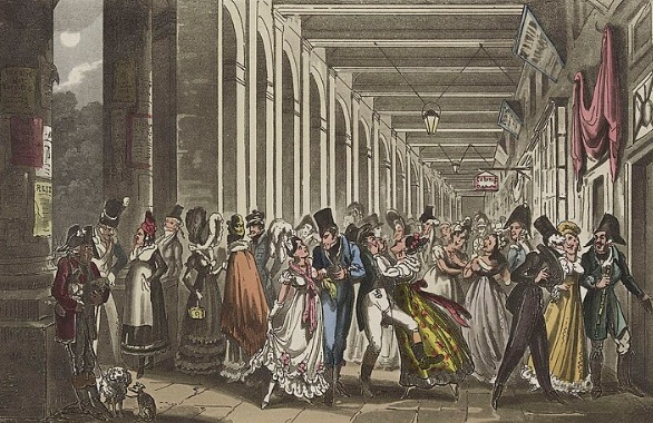 Palais-Royal 1815, a crowded scene of ladies and gentlemen cavorting. A beggar musician and two dogs stand to the left. Overhead are the lanterns and the opening to the gardens is shown between the pillars.