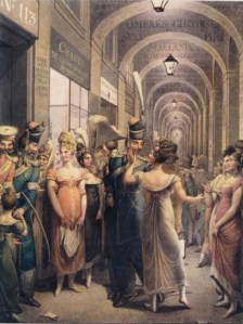 A historical scene depicting people dressed in early 19th-century clothing in a colonnade, with men in military uniforms and women in elegant dresses interacting and socializing.
