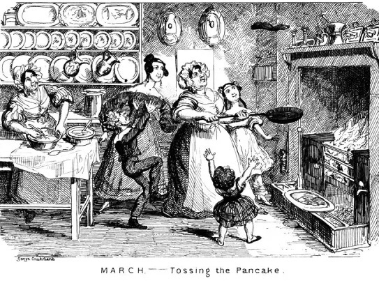 Three children cheer on a cook, dressed in apron over her dress and a cap, while the lady of the house watches, and the kitchen maid stirs the batter. The lady has her hair up in back with curls at the side and a dress taht shows her shoulders--very 1830s. The cook uses an open fire, and the dishes are lined up in cabinet against the far wall. The two girls are in dresses--the older girl looking like a small version of her mother with bloomers showing under her dress--and the boy looks to be in a sailor suit with trousers. The thin, large pancake is in the air as