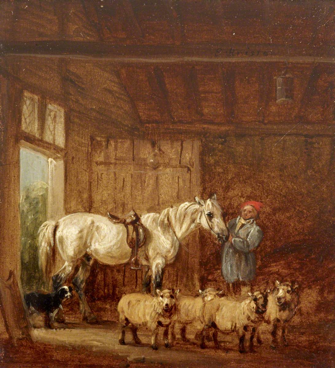 A dog, a saddled horse held by a groom in a smock and several black-faced sheep
 http://www.artuk.org/artworks/a-white-horse-with-a-groom-and-sheep-in-a-barn-170168
