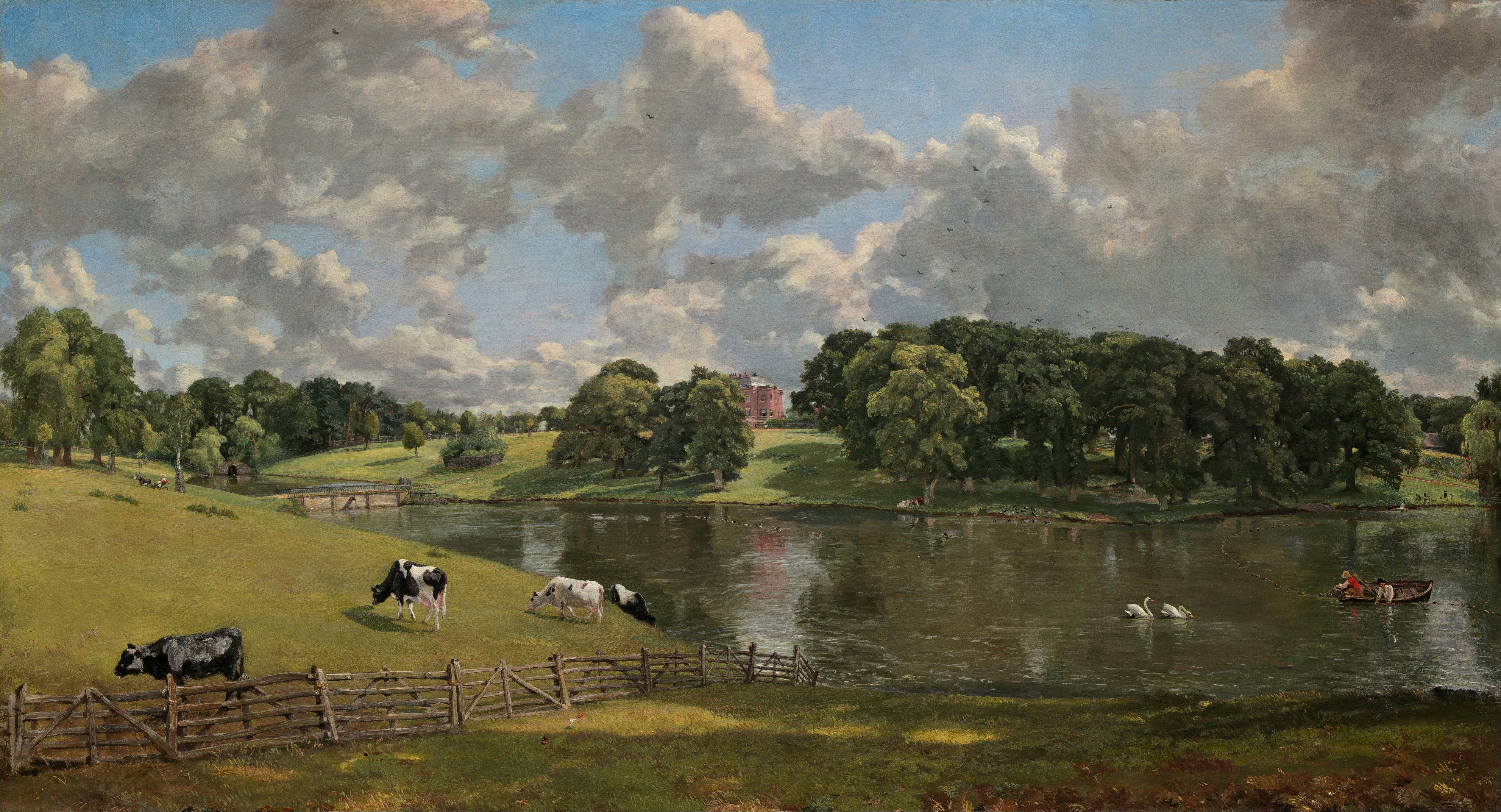 Pastoral scene with a lake, swans and cows in the pasture