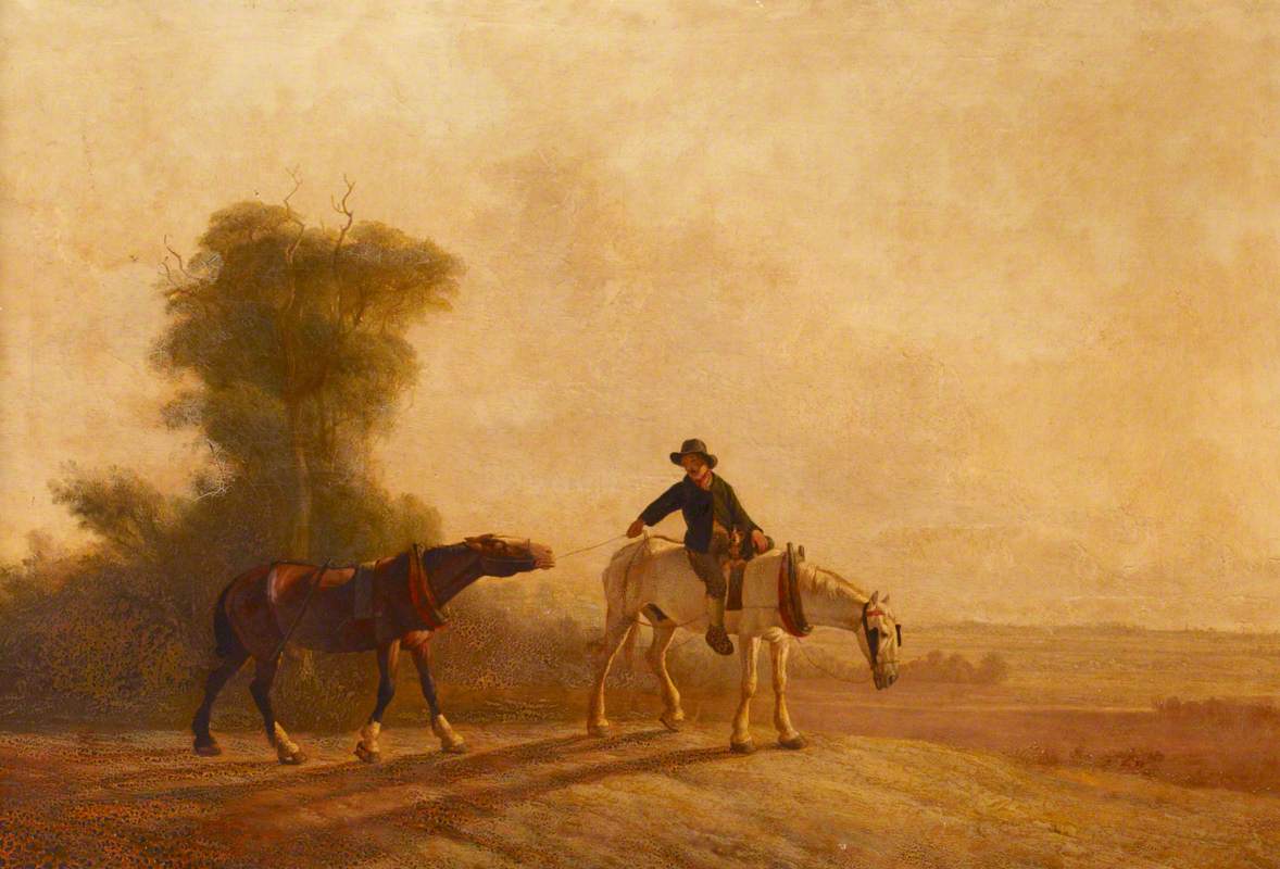 A boy sits on the back of a tired white horse and leads another horse that has stopped and doesn't look willing to move. A tree is behind them and the sky looks as if it is nearing sunset